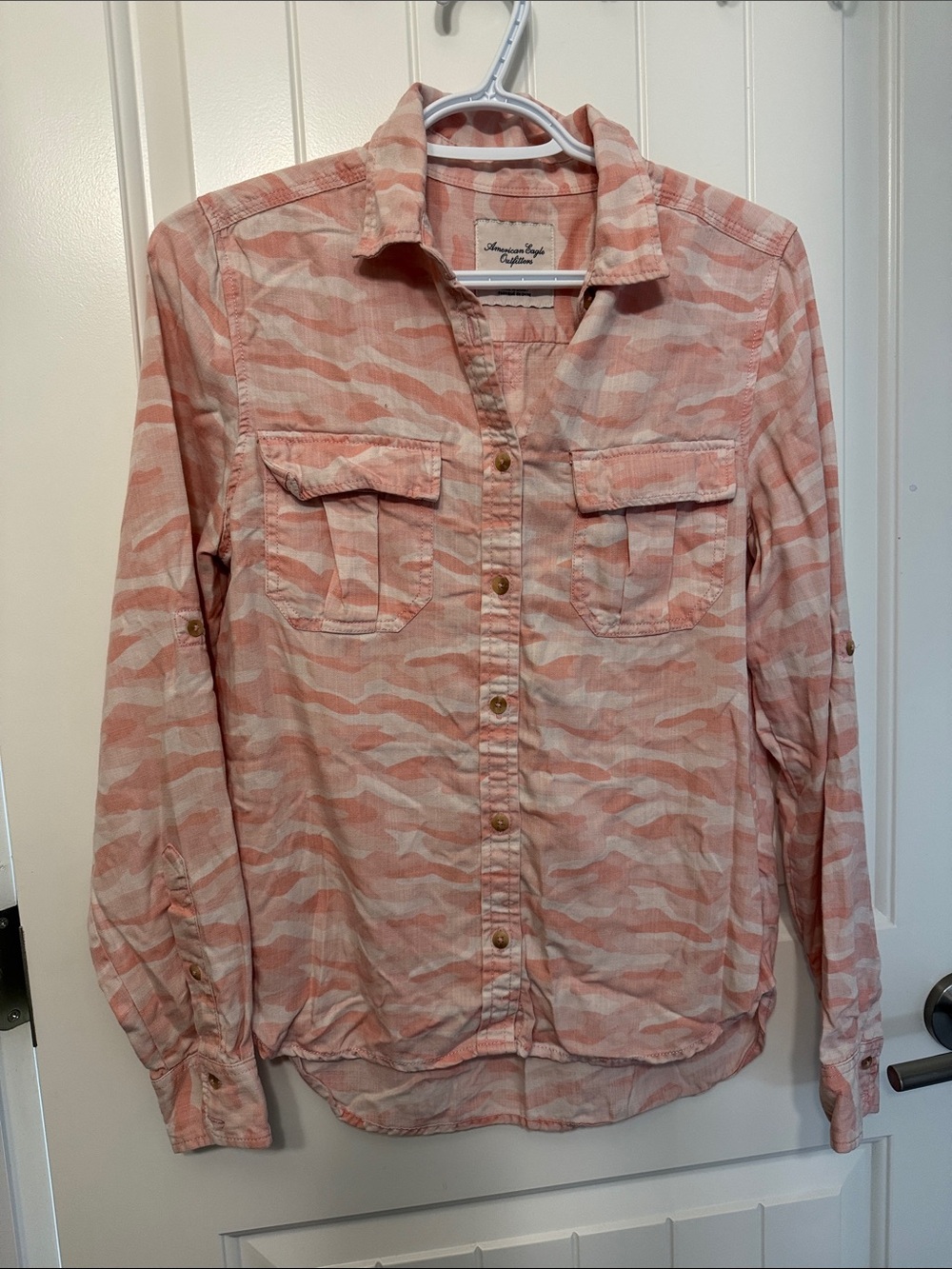American Eagle Outfitters Coral Pink Printed Button-Down Shirt